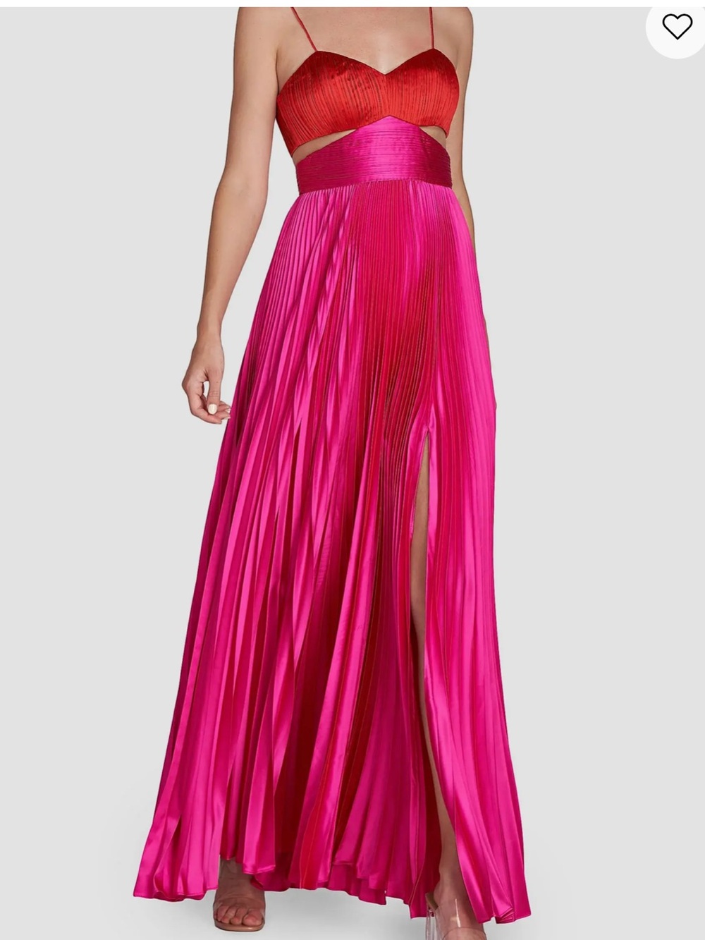 AMUR Elodie Gown Red Rose Magenta Colorblock Pleated Satin Maxi Dress